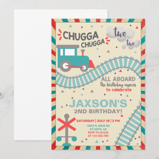 Jongen trainen 2e tweede verjaardag uitnodiging. kaart (Voorkant / Achterkant)