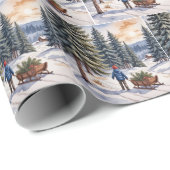 Jongen trekt slee met kerstgroen takken cadeaupapier (Rol Hoek)