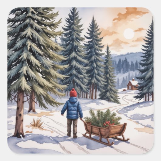 Jongen trekt slee met kerstgroen takken vierkante sticker (Voorkant)