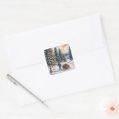 Jongen trekt slee met kerstgroen takken vierkante sticker (Envelop)