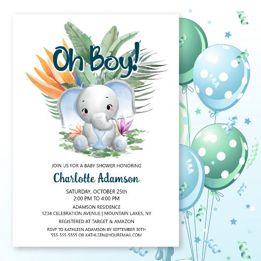 Jongen! Tropisch Baby olifant Baby shower Kaart