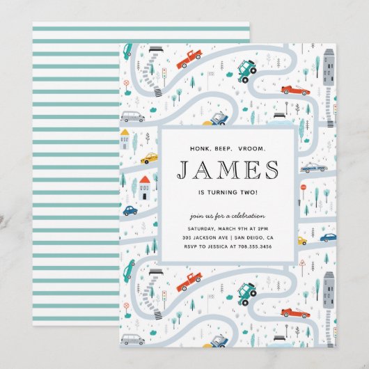 Jongen Trucks and Cars City Second Birthday Party Kaart (Voorkant / Achterkant)