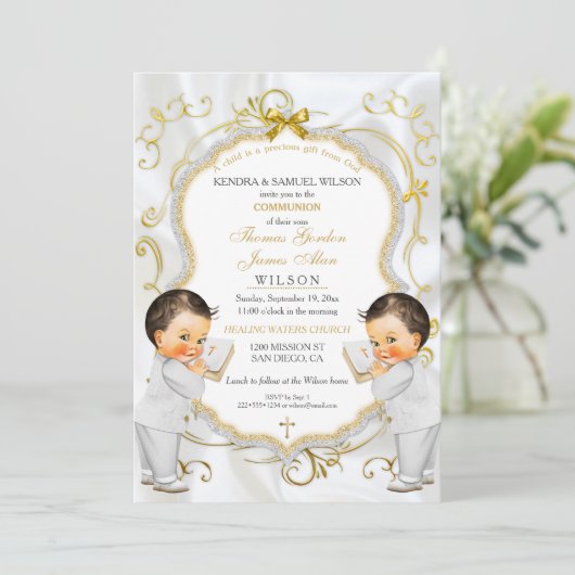 Jongen tweeling doop doop communie kaart (Staand voorkant)