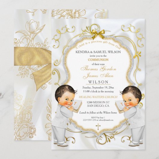 Jongen tweeling doop doop communie kaart (Voorkant / Achterkant)