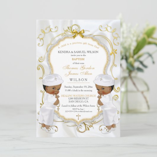 Jongen tweeling doop doopsel Gouden Kruis Etnisch Kaart (Staand voorkant)