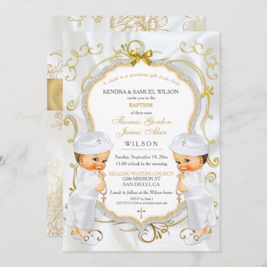 Jongen tweeling doop doopsel gouden wit kruis kaart (Voorkant / Achterkant)