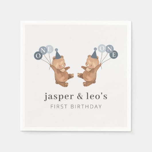 Jongen Twins - Beren Party Petten - 1e Verjaardag Servet (Voorkant)