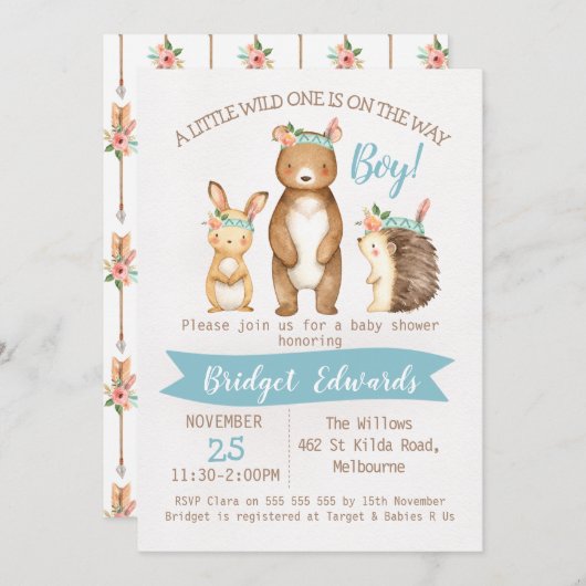 Jongen: Uitnodiging tot Baby shower van Wilde Wood (Voorkant / Achterkant)