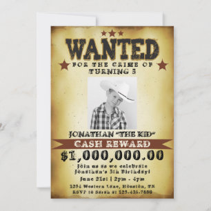 Jongen Verjaardag Cowboy Gezocht Poster Uitnodigin Kaart