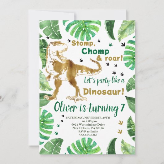 Jongen Verjaardag Dinosaurus Uitnodiging, T-Rex Ve Kaart (Voorkant)