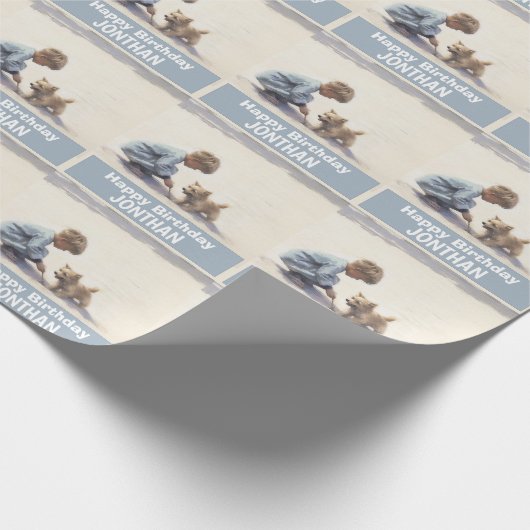 Jongen verjaardag Puppy kleurrijk schattig Cadeaupapier (Hoek)