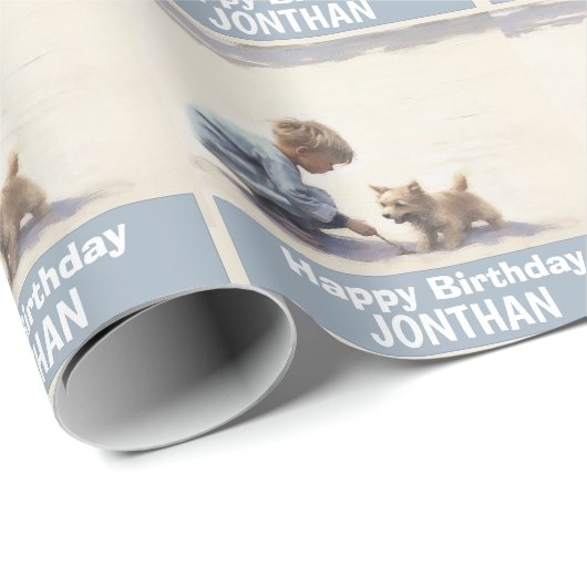 Jongen verjaardag Puppy kleurrijk schattig Cadeaupapier (Rol Hoek)