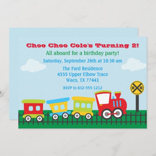 Jongen Verjaardag Uitnodiging - Choo Choo Train (Voorkant / Achterkant)