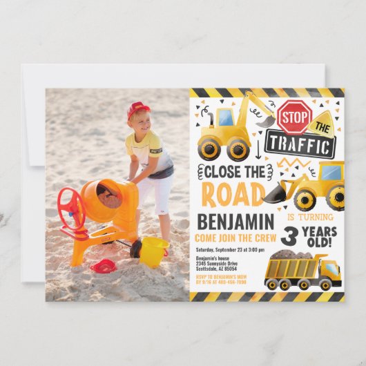 Jongen Verjaardagsfeestje Bouw Foto uitnodiging (Voorkant)