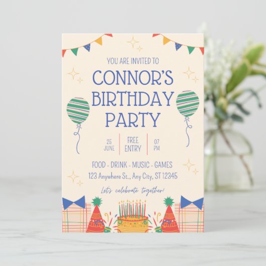 Jongen Verjaardagsfeestuitnodiging Kaart (Staand voorkant)