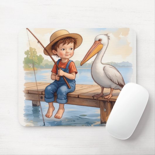 Jongen vist met een pelikaan muismat (Met muis)