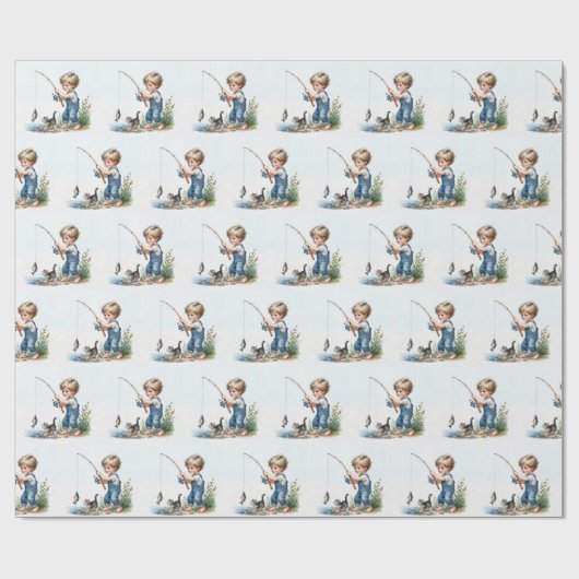 Jongen Vist met kitten Cadeaupapier (Vlak)