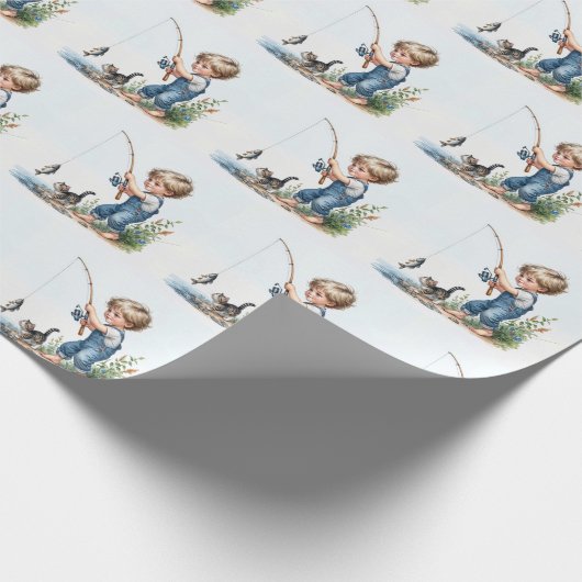 Jongen Vist met kitten Cadeaupapier (Hoek)