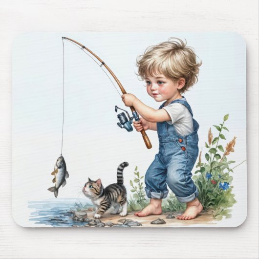 Jongen Vist met kitten Muismat (Voorkant)