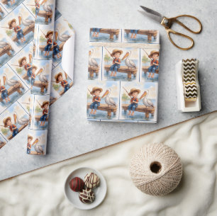 Jongen vist op een steiger met een pelikaan cadeaupapier
