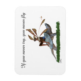 Jongen vliegen op een flexibele foto van de schild magneet