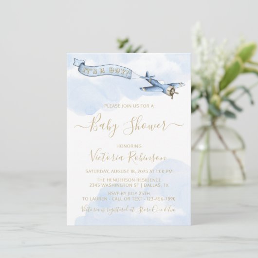 Jongen  Vliegtuig Baby shower Kaart (Staand voorkant)