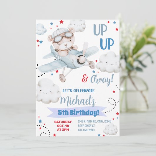 Jongen vliegtuigfeestuitnodiging, beer vliegtuigve kaart (Staand voorkant)