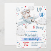 Jongen vliegtuigfeestuitnodiging, beer vliegtuigve kaart (Voorkant / Achterkant)