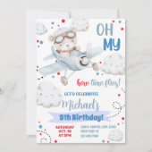 Jongen vliegtuigfeestuitnodiging, beer vliegtuigve kaart (Voorkant)