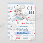 Jongen vliegtuigfeestuitnodiging, beer vliegtuigve kaart (Voorkant / Achterkant)