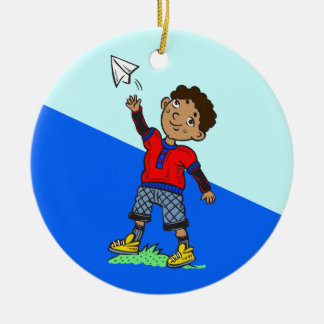 Jongen vliegvliegtuig keramisch ornament