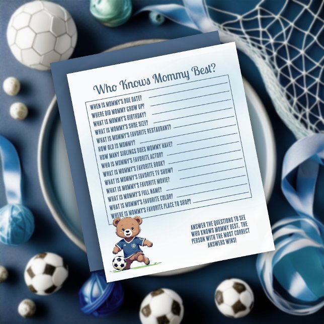 Jongen Voetbal Baby Shower Wie Kent Moeders Best S (Cute Blue Teddy Bear Soccer Player Boy Baby Shower "Who Knows Mommy Best?" Game Card)