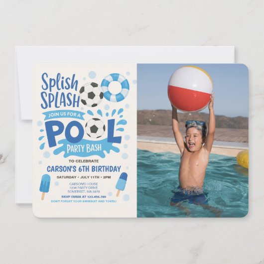 Jongen Voetbal Pool Party Verjaardag foto uitnodig Kaart (Voorkant)