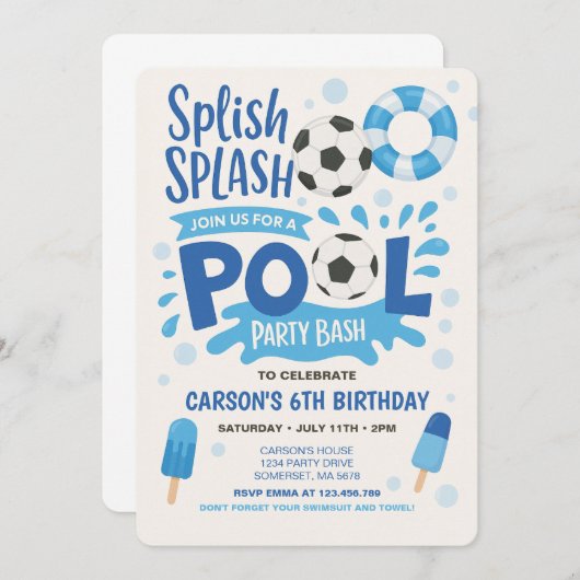 Jongen Voetbal Pool Party Verjaardag Uitnodiging (Voorkant / Achterkant)