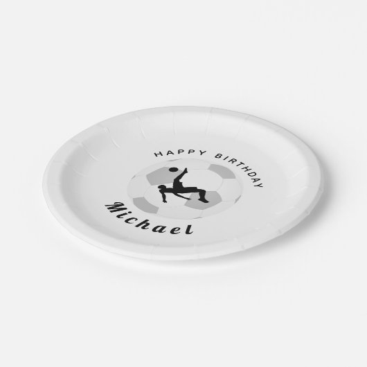 Jongen Voetbalspeler Birthday Party Black & White Papieren Bordje (Gekanteld)