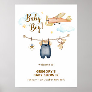 Jongen Waslijn Vliegtuig Lucht Baby Shower Welkom  Poster