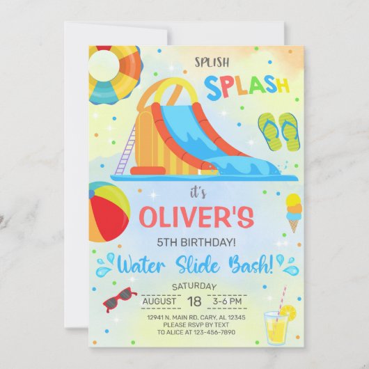 Jongen waterglijbaan zomer verjaardagsuitnodiging. kaart (Voorkant)