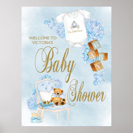 Jongen Waterverf Blue Gold Baby shower Sign. Poster (Voorkant)