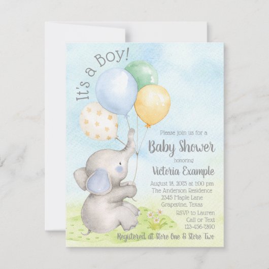 Jongen Waterverf Olifant Baby Shower Uitnodigingen (Voorkant)