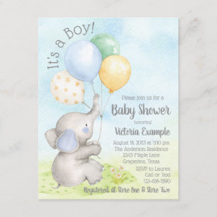 Jongen Waterverf Olifant Baby Shower Uitnodigingen