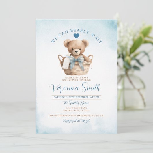 Jongen We kunnen bijna wachten Blue Beer Baby show Kaart (Staand voorkant)