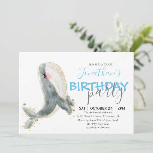 Jongen Whale Birthday Invitation Aankondiging (Staand voorkant)