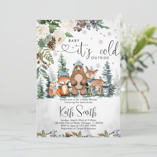 Jongen Winter Bos Baby Shower Uitnodiging (Staand voorkant)