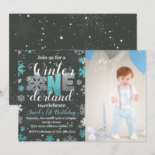 Jongen Winter Onederland Birthday Invitation Foto Kaart (Voorkant / Achterkant)