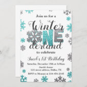 Jongen Winter ONEderland Birthday Invitation Glitt Kaart (Voorkant / Achterkant)