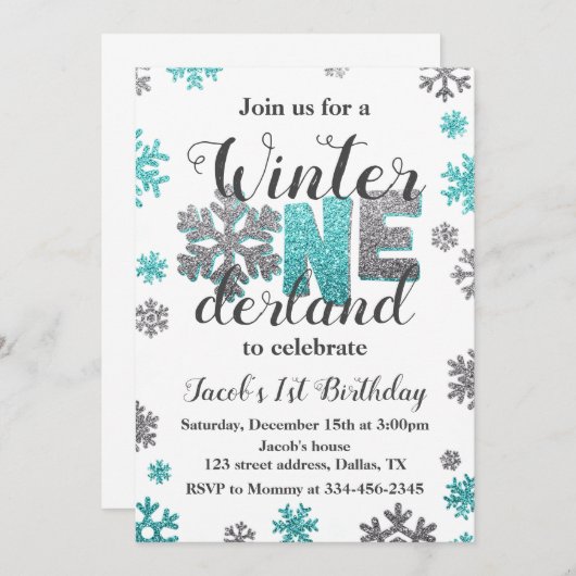 Jongen Winter ONEderland Birthday Invitation Glitt Kaart (Voorkant / Achterkant)