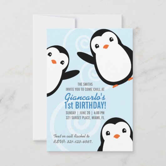 Jongen Winter Pinguïn Verjaardagsfeest Evite Print Kaart (Voorkant)