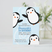 Jongen Winter Pinguïn Verjaardagsfeest Evite Print Kaart (Staand voorkant)