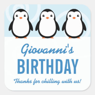 Jongen Winter Pinguïn Verjaardagsfeestje Favor Vierkante Sticker