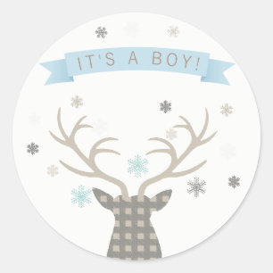 Jongen Winter Wonderland Bosland Herten Baby Showe Ronde Sticker